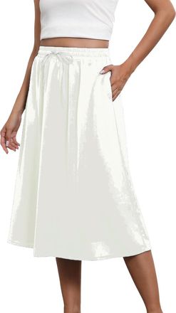 Generic Midi Skirt with Pockets | Midi Skirts for Women UK Elasticated Waist A Line Solid Color-Ladies Skirts Elasticated Waist Cotton Beach Swing Skirts Knee