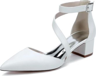 Generic Wedding Shoes Womens Bridal Low Heel Pumps Closed Pointed Toe Chunky Heel Bridal Party Dress Shoes 4.5Cm,White,10 UK