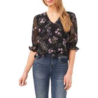 CeCe by Cynthia Steffe Floral Clip Dot Chiffon Top in Rich Black at Nordstrom, Size X-Large