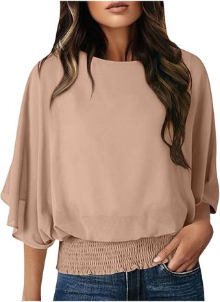 Generic Womens Blouses Ruffle 3/4 Sleeve Tops Loose Flowy Crew Neck Chiffon Top Elastic Smocked Waist Blouse Double Layers Mesh Shirts Elegant Casual Solid La