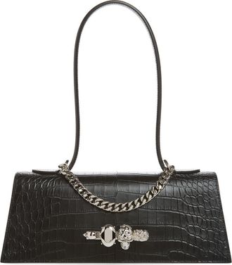 Alexander McQueen Jewelled Croc Embossed Top Handle Bag in Black/Silver at Nordstrom