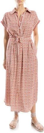 Max Studio Short Sleeve Tie Waist Shirtdress in Ruby/Cream Ornate Elegance at Nordstrom Rack, Size X-Large