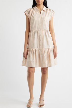Eliza J Folded Cap Sleeve Tiered Shirtdress in Natural at Nordstrom, Size 16