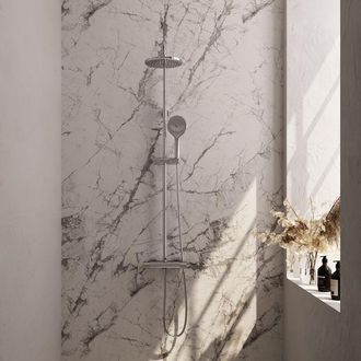 Marcel Breuer Chrome Carving Regendoucheset opbouw - hoofddouche 20cm - glijstang - handdouche rond 3 stand - carving knoppen - chroom