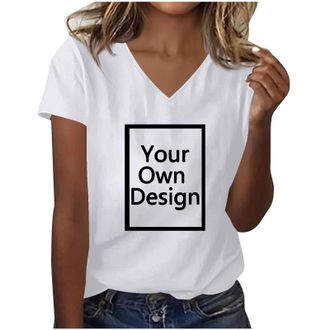Generic Womens Custom T Shirt Personalised Photo Text Logo Print V Neck Short Sleeve Summer Tee Design Your Own Top Custom Photo Tee UK White