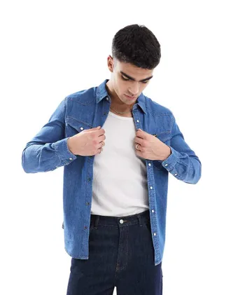 Wrangler western denim shirt in mid wash blue