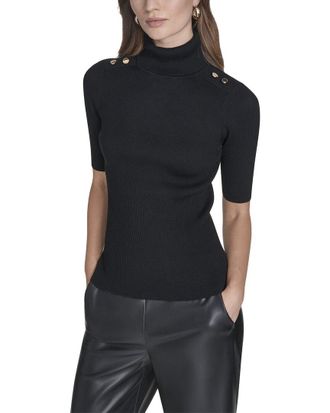 Halston Heritage 3/4 Sleeve Ribbed Turtleneck With Gold Button Detail