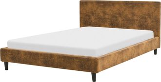 Beliani Beliani - Cama Tapizada En Piel Sint&eacute;tica Marr&oacute;n 140 X 200 Cm Marco De Listones Cabecero Estilo Moderno Fitou