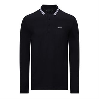 HUGO BOSS Mens Boss Plisy Long Sleeve Cotton Piqu&eacute; Polo Shirt in Dark Blue