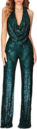 Generic Sequin Jumpsuit for Women V Neck Backless Long Jumpsuits Sexy Glitter Sequins Wide Leg Romper Cocktail Party Playsuit Full Length Sparkly Glitter Play