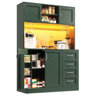 STILVORA Aparador Alto De Cocina Con 4 Puertas Y 2 Cajones, Led Y Soportes Para Bebidas, En Mdf, 120 X 40 X 188 Cm, Verde