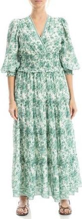Max Studio Surplice Neck Smocked Waist Maxi Dress in Cream/Green at Nordstrom Rack, Size X-Small