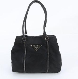 Prada Black Leather Nylon Shoulder Bag Tote Bag (Pre-Owned)