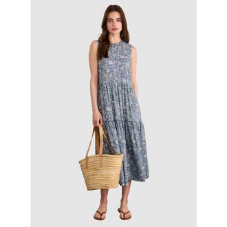 Baukjen Annmarie Sleeveless Printed Dress in Denim Woodblock Print at Nordstrom, Size 14
