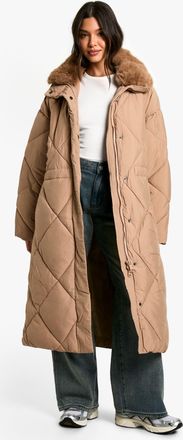 Boohoo Womens Premium Faux Fur Trim Quilted Maxi Parka - Beige Nylon - Size Small/Medium