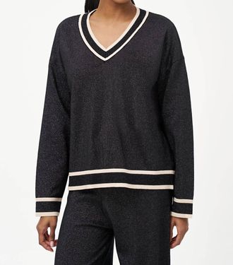 M Made in Italy Metallic V-Neck Sweater In Black