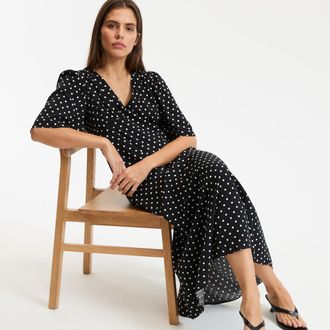 La Redoute Collections Wijde jurk, stippenprint, lang, korte mouwen
