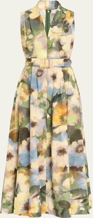 Lela Rose Floral-Print Cotton Sleeveless Midi Dress With Belt