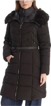 DKNY Bibbed Faux-Fur Hooded Puffer - Dames - Parka Jassen - Zwart - M - Leer - Jassen