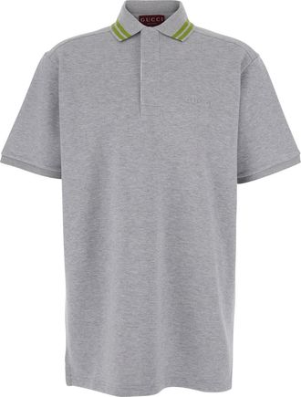 Gucci Grey Polo Shirt With Striped Collar And Tone-on-tone Embroidered Logo On The Front In Cotton Man