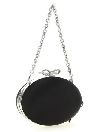 Self Portrait Crystal Bow Clasp Satin Oval Clutch - Black