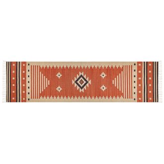 Beliani Alfombra Kilim De Algod&oacute;n Naranja Beige Marr&oacute;n 80 X 300 Cm Geom&eacute;trico Borlas Gavar