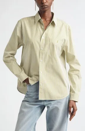 Saint Laurent Classic Stripe Cotton Poplin Button-Up Shirt in Khaki/blanc at Nordstrom, Size 40