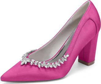 Generic Womens Chunky Heels Pumps Bridal Rhinestones Pointed Toe High Heels Wedding Party Dress Slip on Pumps Shoes 8.5Cm,Fuchsia,10 UK