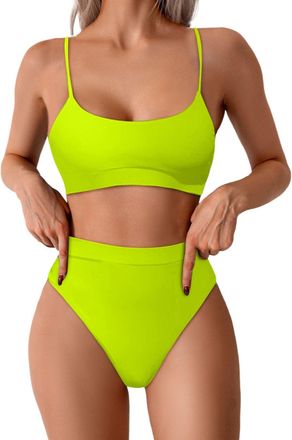 Generic Womens High Waisted Bikini Set High Cut Bikini Set Swimming Costume Women 2 Piece Bikinis Sets Square Neck Ribbed Swimsuit for Pool Vacation Spa Light