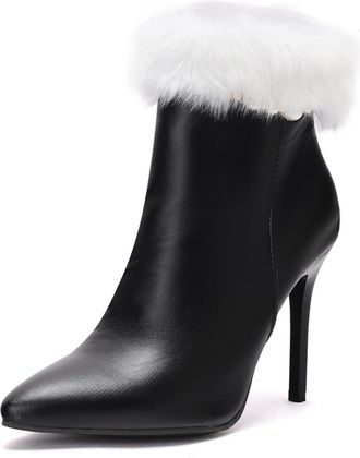 Generic Womens Elegant Pointed Toe PU Leather Ankle Boots with Fluffy Fur Trim Pearl Detail Stiletto Heels Comfortable Anti-Slip Wear-Resistant for Daily Casu