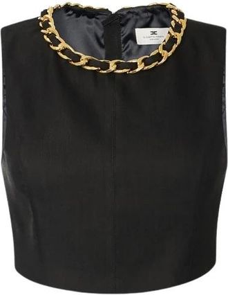 Elisabetta Franchi Linnenmix Top met Juwelenketting - Dames - Tops zonder mouwen - Zwart - L - Linnen - Tops