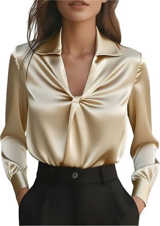 Generic Satin Blouse for Women Casual Loose Long Sleeve Tops Ladies Silk Top Baggy Tshirts Shirts Work Office Elegant Tunic Blouses Casual Evening Going Out S