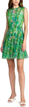 Mac Duggal Mesh Micro Ruffle High Neck Floral Mini Dress in Green Multi at Nordstrom, Size 10