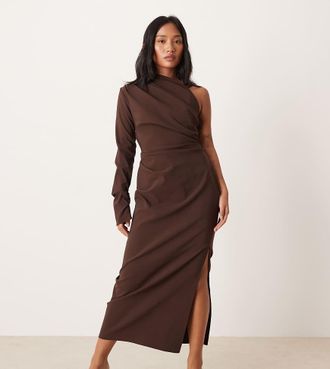 Asos Petite ASOS DESIGN Petite - Vestito midi drappeggiato color cioccolato monospalla-Grigio