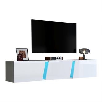 STILVORA Mueble Tv De Pared Con 3 Puertas Abatibles Y Led, Blanco Brillo, Estilo Moderno, En Tablero De Part&iacute;culas, 180&times;35&times;30 Cm