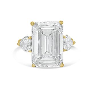 Diana M. Jewels 18kt Yellow gold Lab grown 12ct Emerald diamond ring with heart diamonds on the side and micropave band