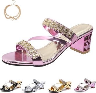 Generic Block Heel Sandals for Women, Rhinestone-Embellished Open Toe Chunky Heels, Bling Decor Slippers