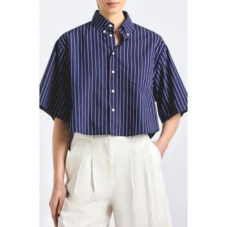 Derek Lam Ember Cropped Button-Down Shirt in Dark Navy Stripe at Nordstrom, Size X-Small