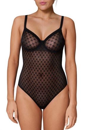 Simone P&eacute;r&egrave;le Plume Embroidered Underwire Shaping Bodysuit in Black at Nordstrom, Size 34D