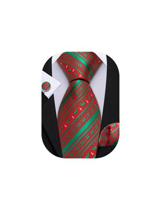 Barry.Wang Red Green Christmas Ties for Men Silk Xmas Deer Necktie Pocket Square Cufflinks Festival Party