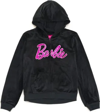 BARBIE Velour Zip-Up Hoodie in Black Pink at Nordstrom, Size X-Small