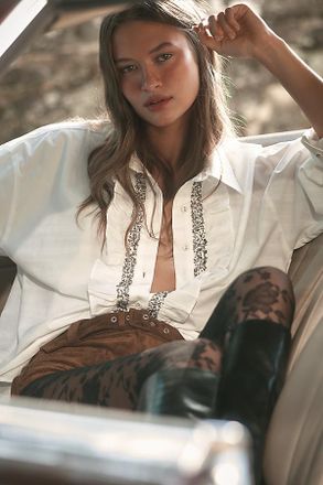 Pilcro Crystal-Embellished Relaxed Buttondown Shirt