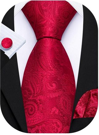 Barry.Wang Red Tie Mens Silk Paisley Necktie Pocket Square Cufflinks Set Wedding Party Formal