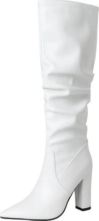 Generic Womens Pleated Knee High Boots Pointed Toe Zipper Square Heel Long Booties