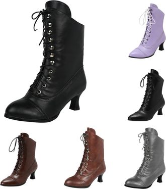 Generic WX1 Womens Ankle Boots - Mid Calf, Round Toe, Chunky Heel, Lace Up, Witch Boots - Black, Zipper (4)