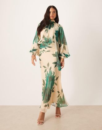 Asos Vestito lungo accollato in chiffon drappeggiato con stampa a fiori verde e laccio sul collo-Multicolore