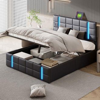 OEM Cama Lit 140x200 Cm Negra Con Led Integrada Y 2 Puertos Usb, Somier De Lamas Y Cabecera