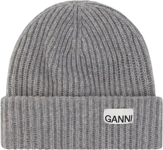 Ganni Accessoires, Dames, Grijs, ONE Size, Wol, Logo-patch Rib-knit Muts