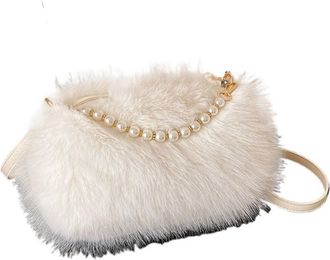 Generic Womens Plush Bags Winter Fluffy Shoulder Bags Womens Pearl Handle Ladies Crossbody Bag Small Female Handbags Purses(White)