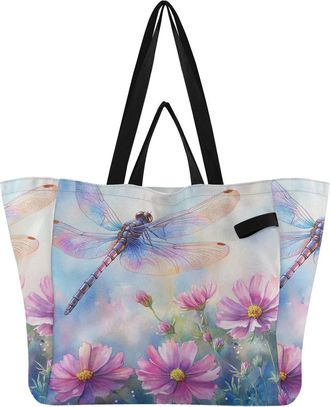 Generic Dragonfly Flowers Purple print Reusable Canvas Tote Bag, Heavy Duty Grocery Shopping Bag with Large Capacity Hard Bottom Double Handles Work Groceries